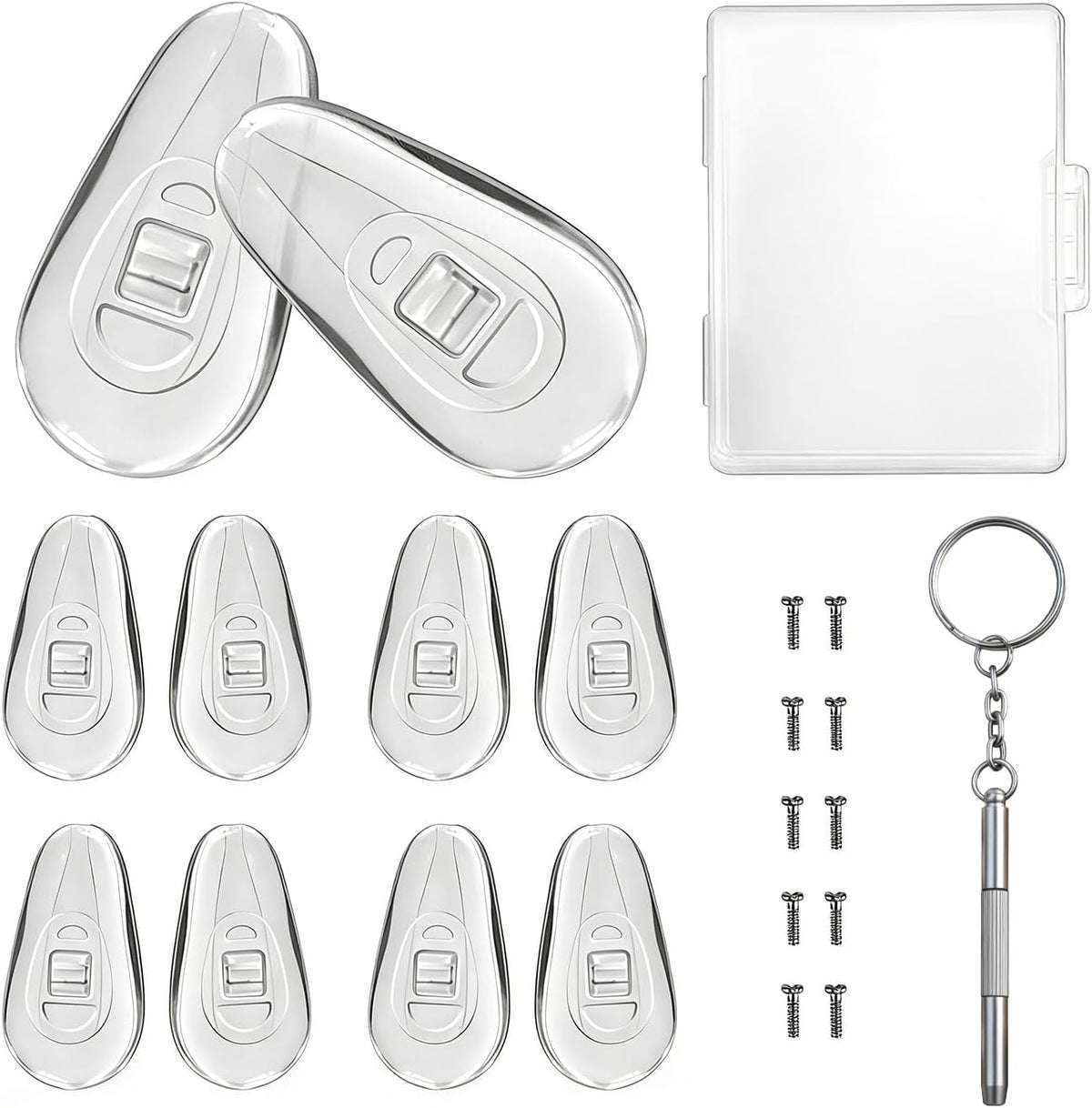 PTSLKHN soft silicone eyeglass nose pads replacement kit front view showing five pairs with micro screwdriver tool