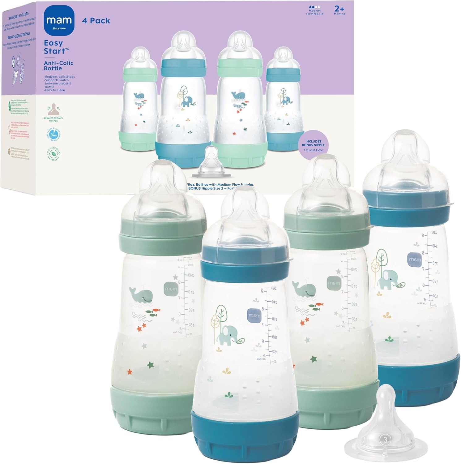 MAM Easy Start AntiColic Baby Bottle front view four pack showcasing premium blue wide neck design