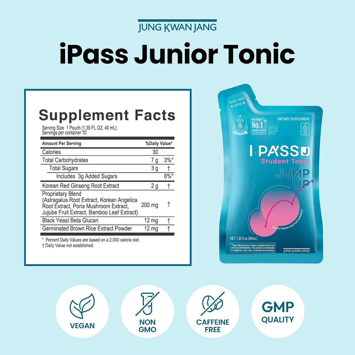 Back label of JungKwanJang i-Pass liquid supplement detailing directions of use and caffeine-free adaptogen qualities.