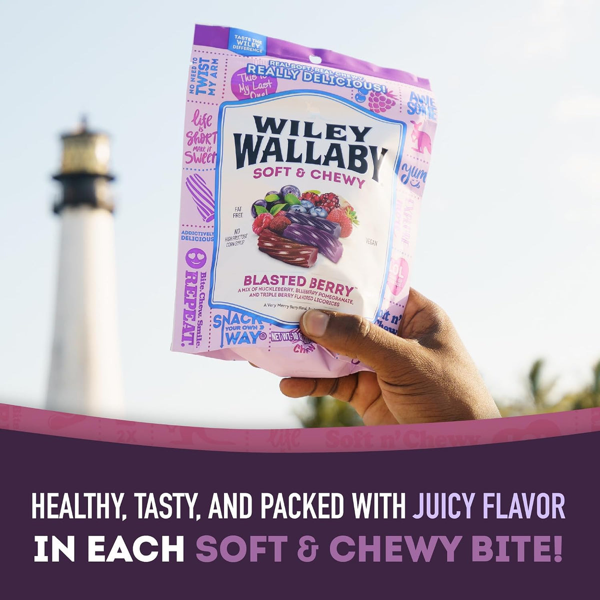 Wiley Wallaby 10 Ounce candy bag side view showing nutritional facts.