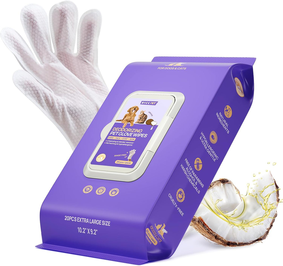 HICC PET Dog Wipes Cleaning Deodorizing Glove Wipes for Dogs, Cats & Horses, Vet Recommended Hypoallergenic Hydrating & Nourishing Pet Wipes for Eyes, Ears, Butt & Paws, No-Rinse, 20pcs Coconut Scent - Image 11