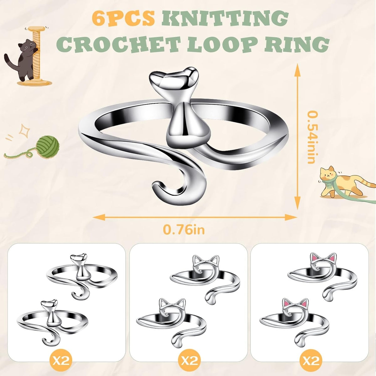 DTOFOOT adjustable metal cat crochet ring on finger