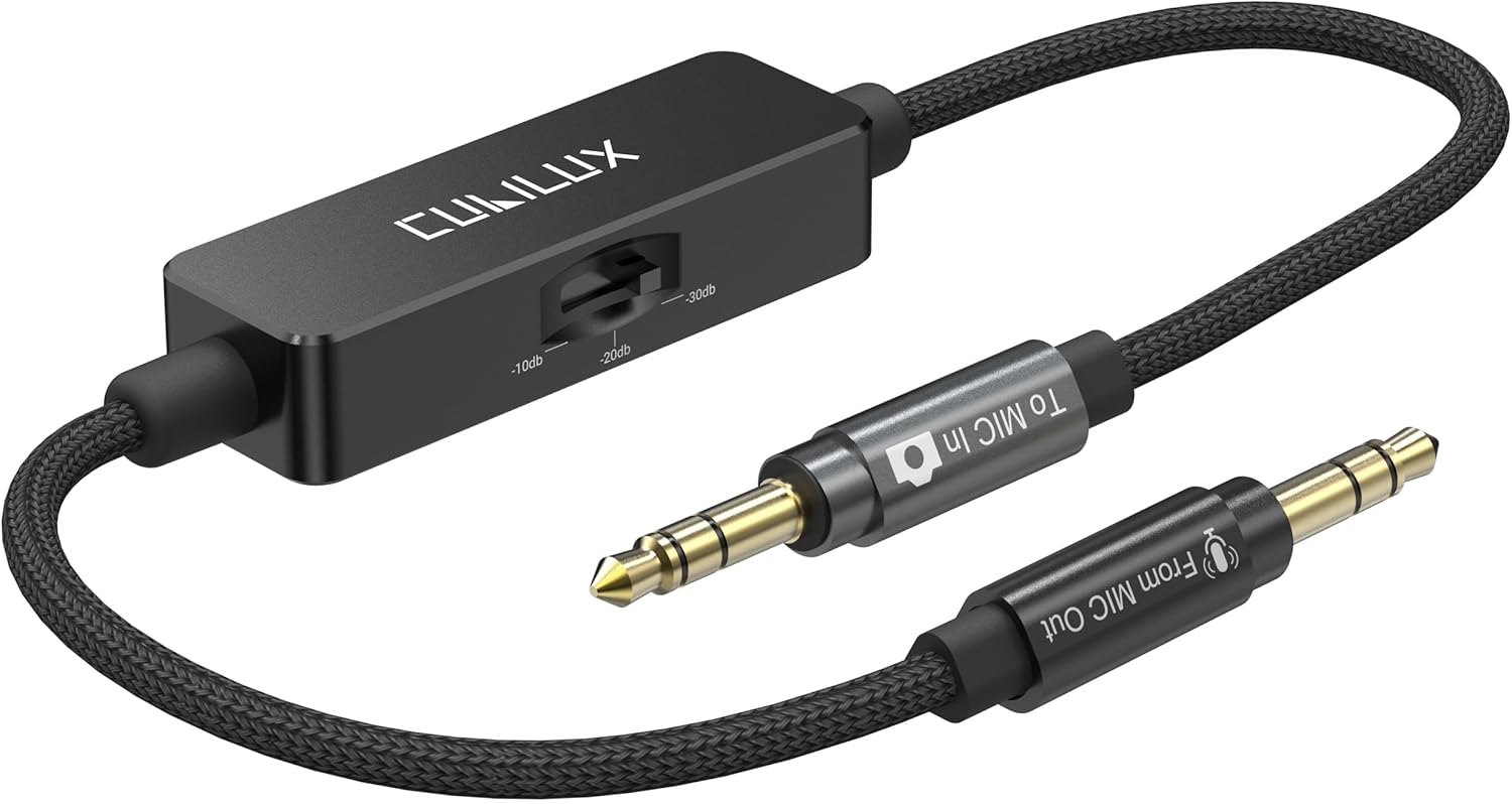 Cubilux 3.5mm TRS Line to Microphone Attenuator Cable front view showing toggle switch