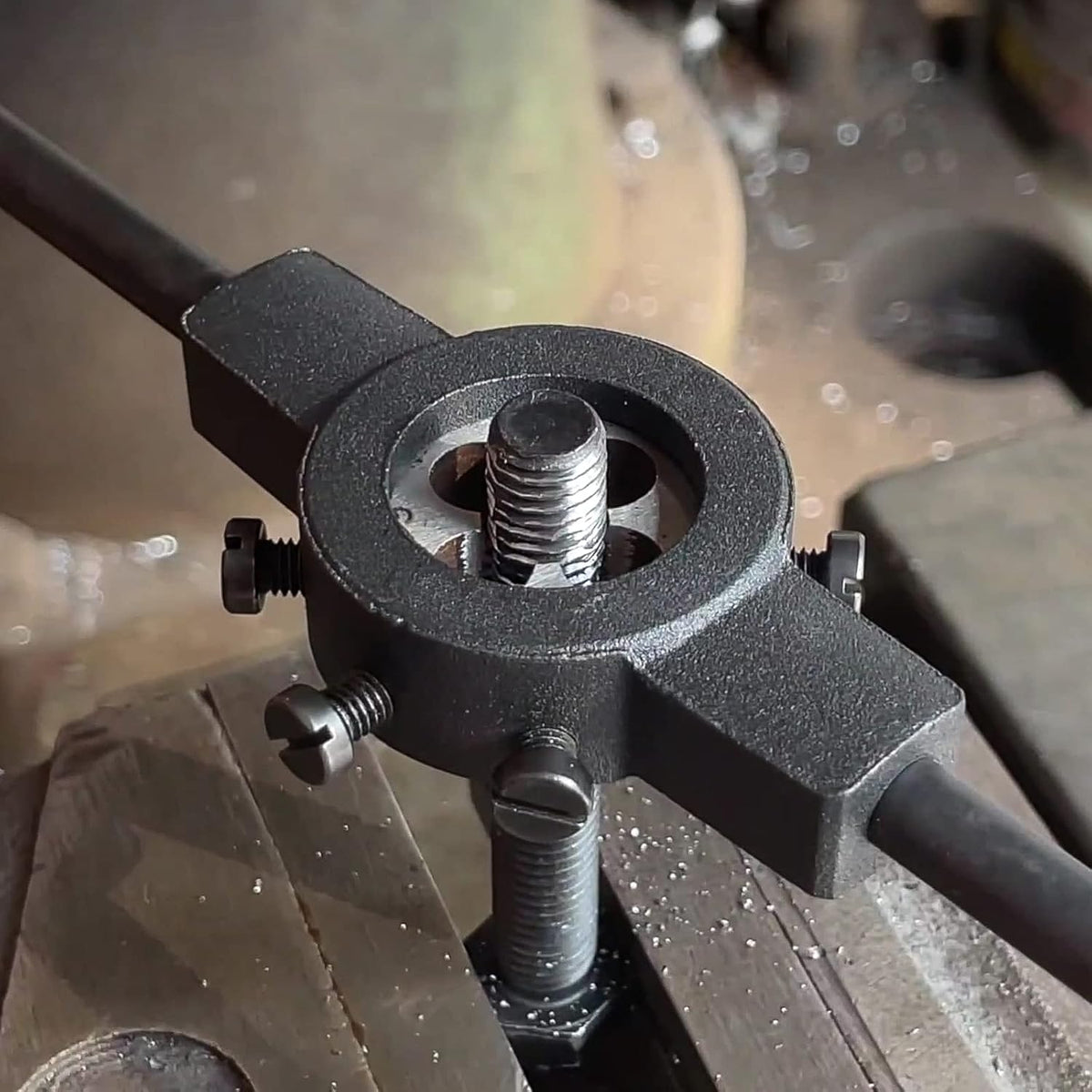 Burkit Number 10-32 UNF Round Threading Die displayed with wrench compatibility