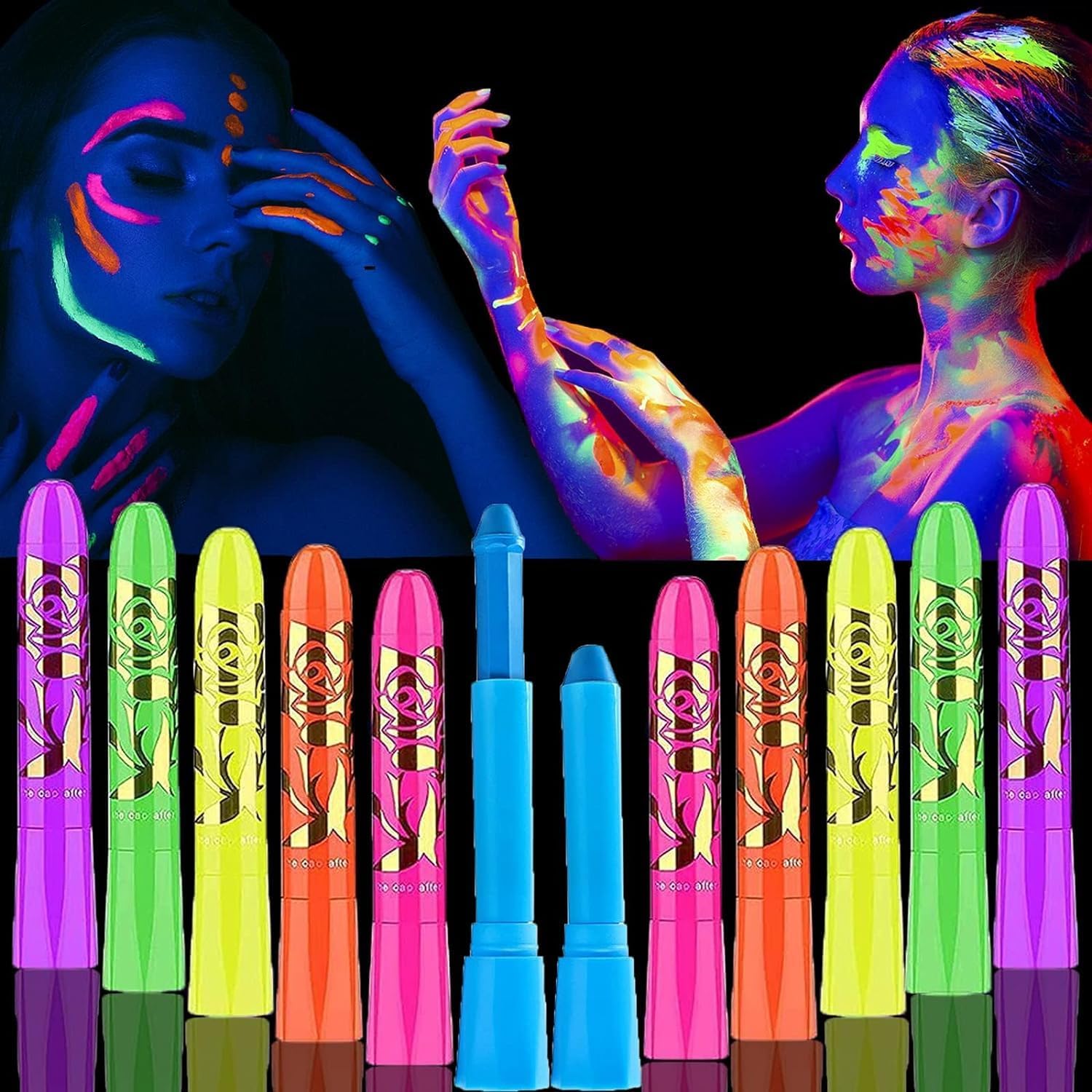 ANYI Glow In The Dark Face Paint Kit front view showcasing twelve colorful neon crayon sticks