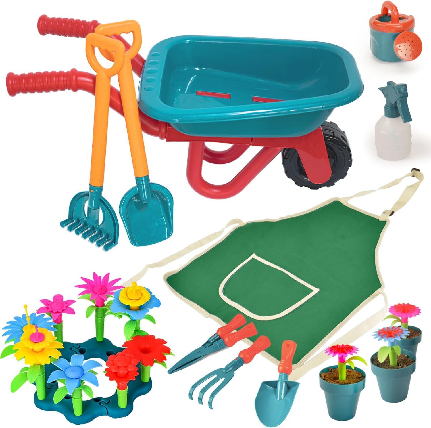 Unanscre kids gardening tool set front view showcasing the toddler wheelbarrow and colorful plastic tools.