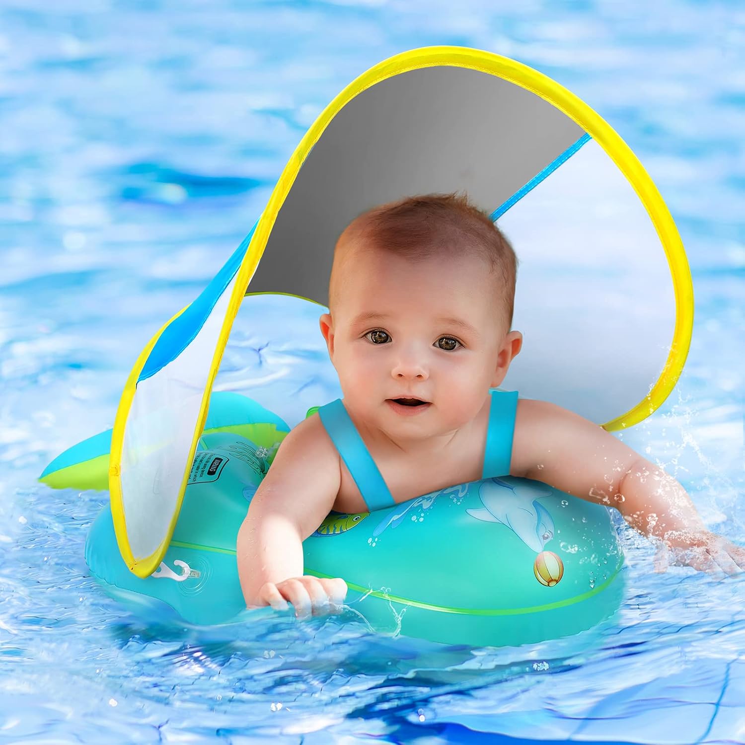 Balhvit no flip over baby pool float with yellow canopy front view