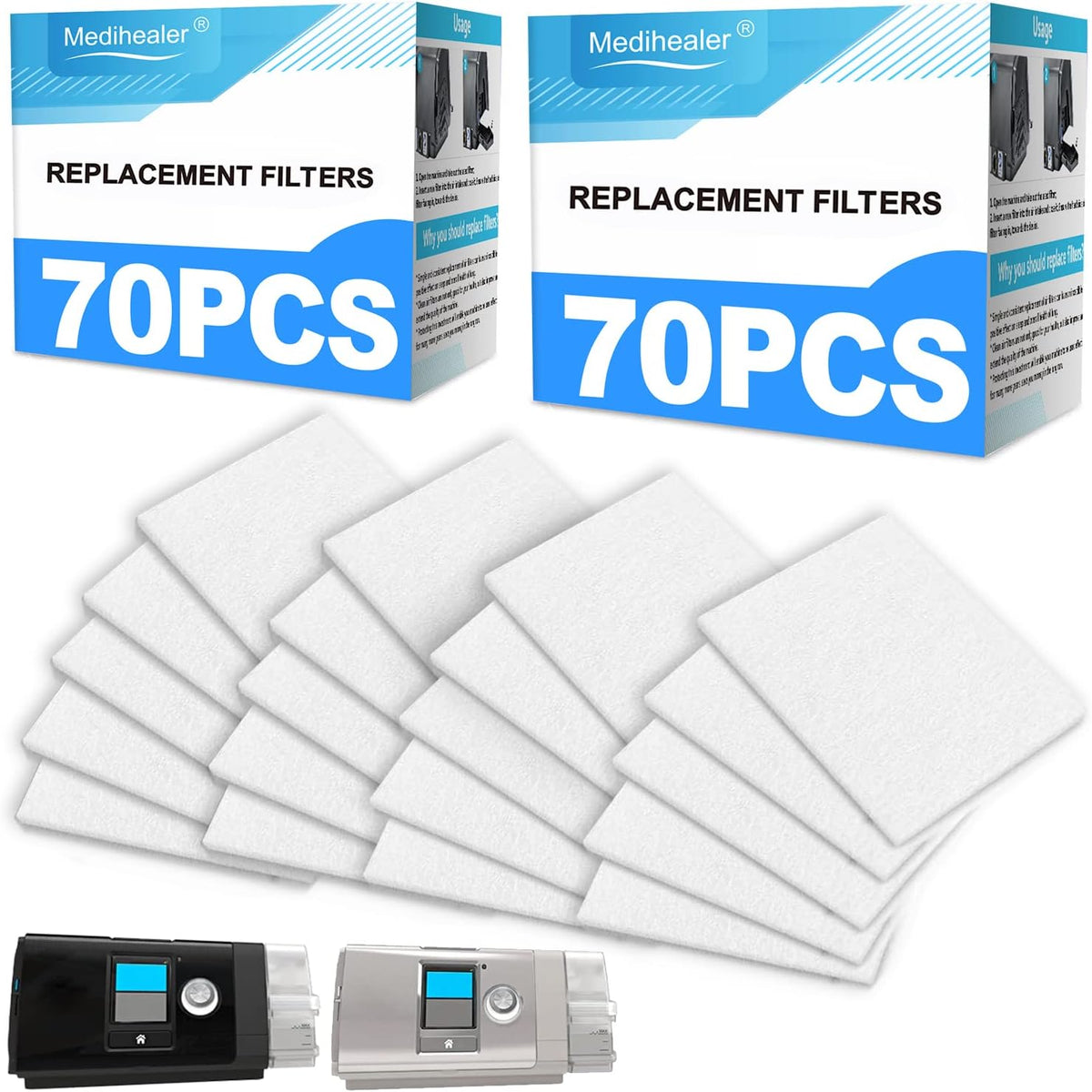 Medihealer 140 pieces CPAP filters front view showing packaging and quantity.