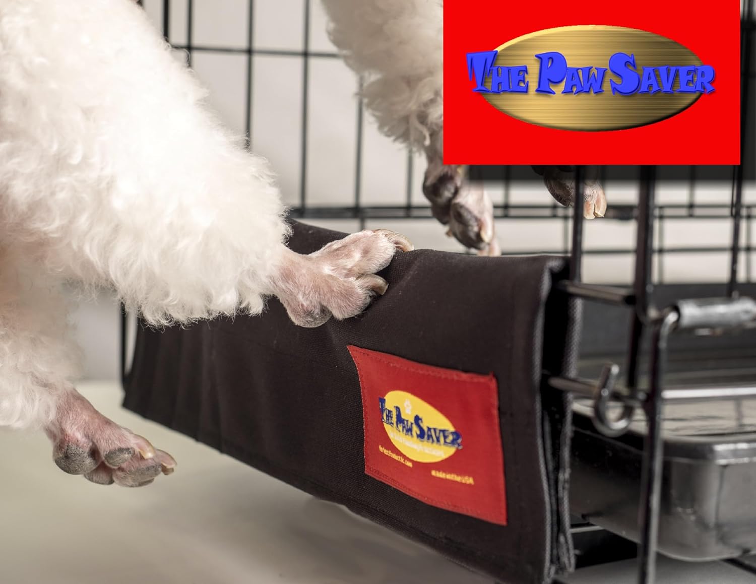 Grooming Safety by Jessica The Paw Saver medium black front view installed on wire dog crate threshold.
