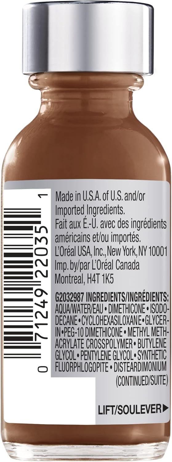 L'Oreal Paris liquid foundation bottle back label and ingredients