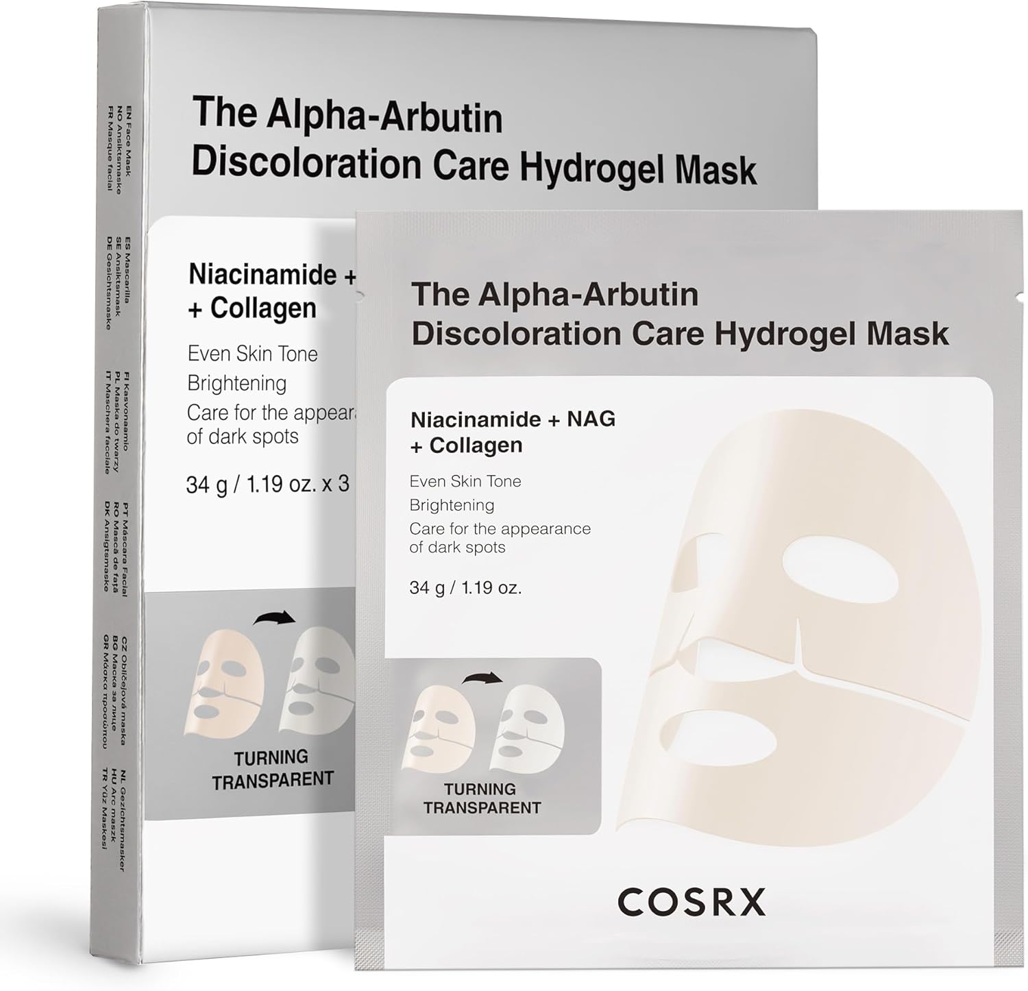 COSRX Alpha-Arbutin Discoloration Care Hydrogel Mask front packaging view for hyperpigmentation treatment