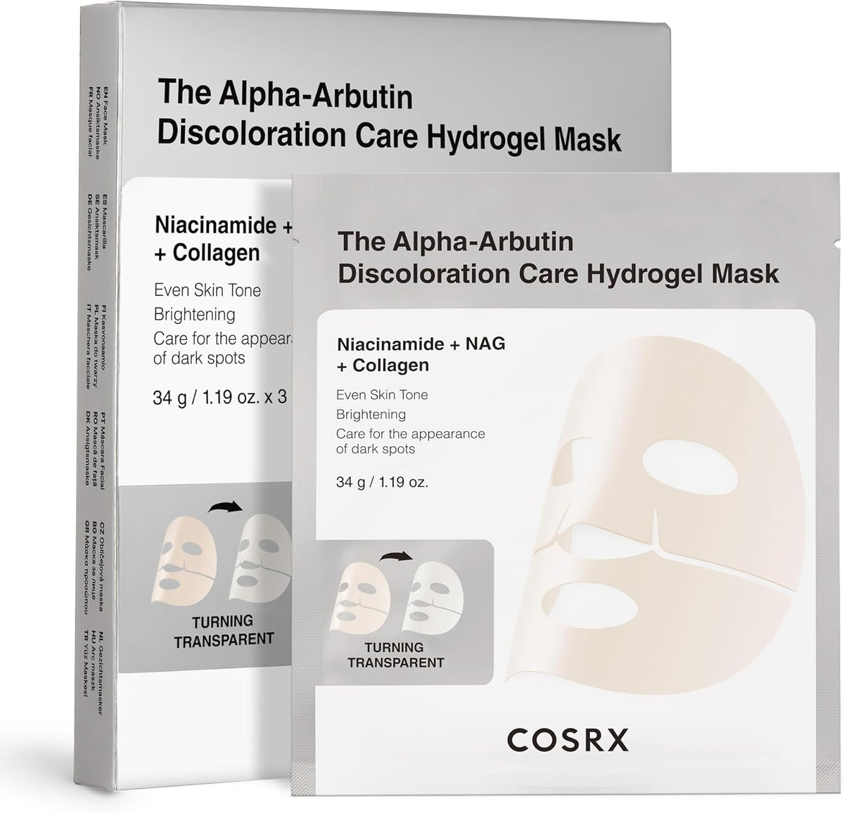COSRX Alpha-Arbutin Discoloration Care Hydrogel Mask front packaging view for hyperpigmentation treatment