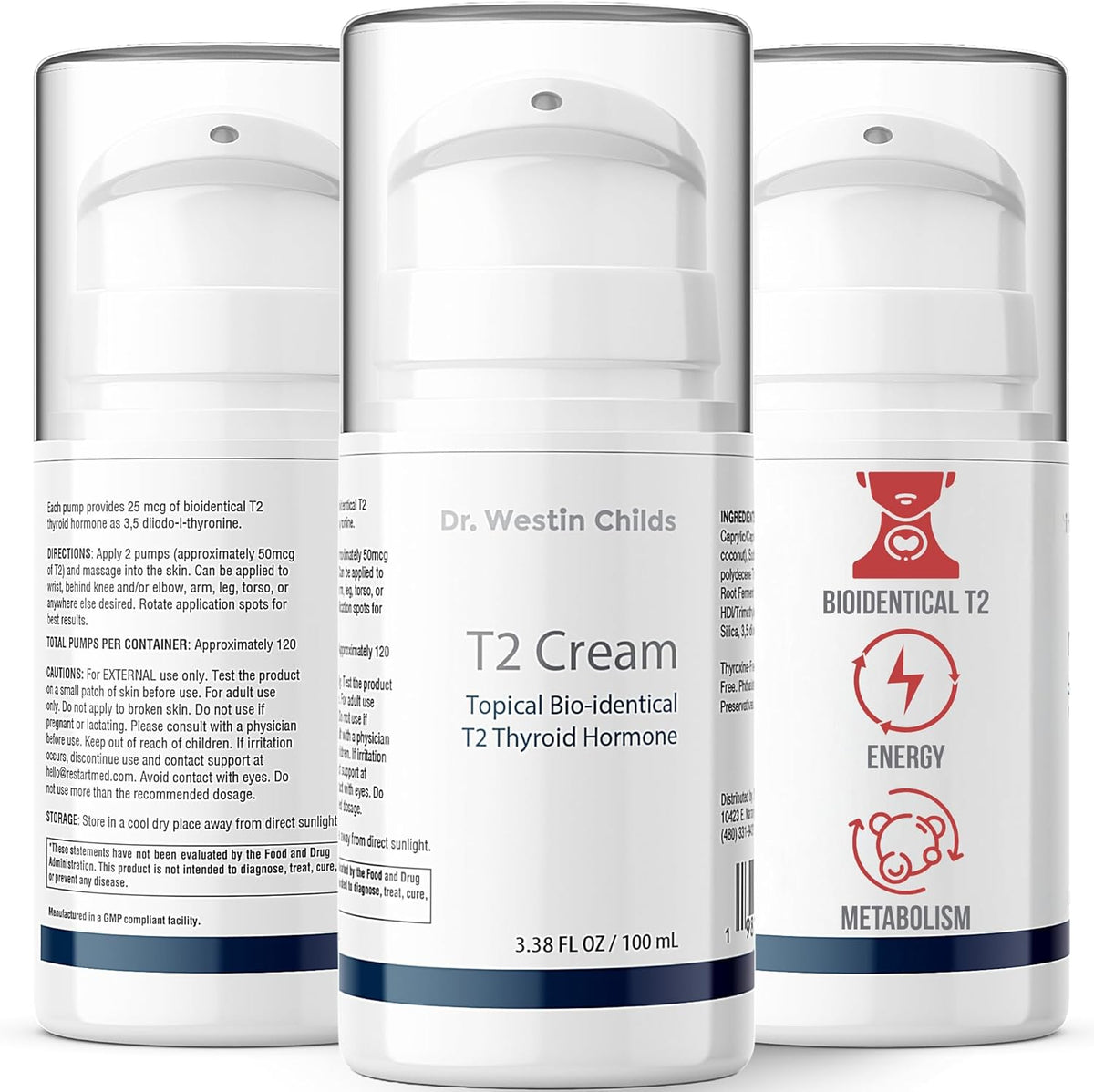 Dr. Westin Childs T2 Cream front view of the bottle showcasing thyroid support lotion benefits.