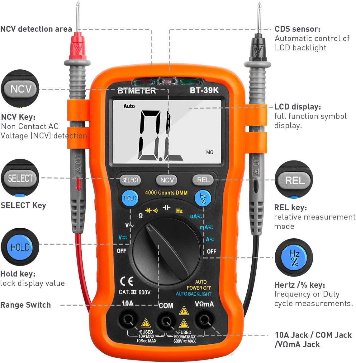 BTMETER BT-39K digital multimeter test leads connected for circuit testing