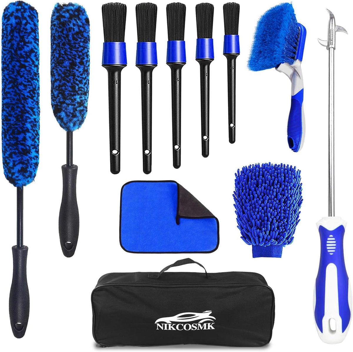 NIKCOSMK 12Piece Wheel Brush Kit front view showing complete car detailing set with storage bag