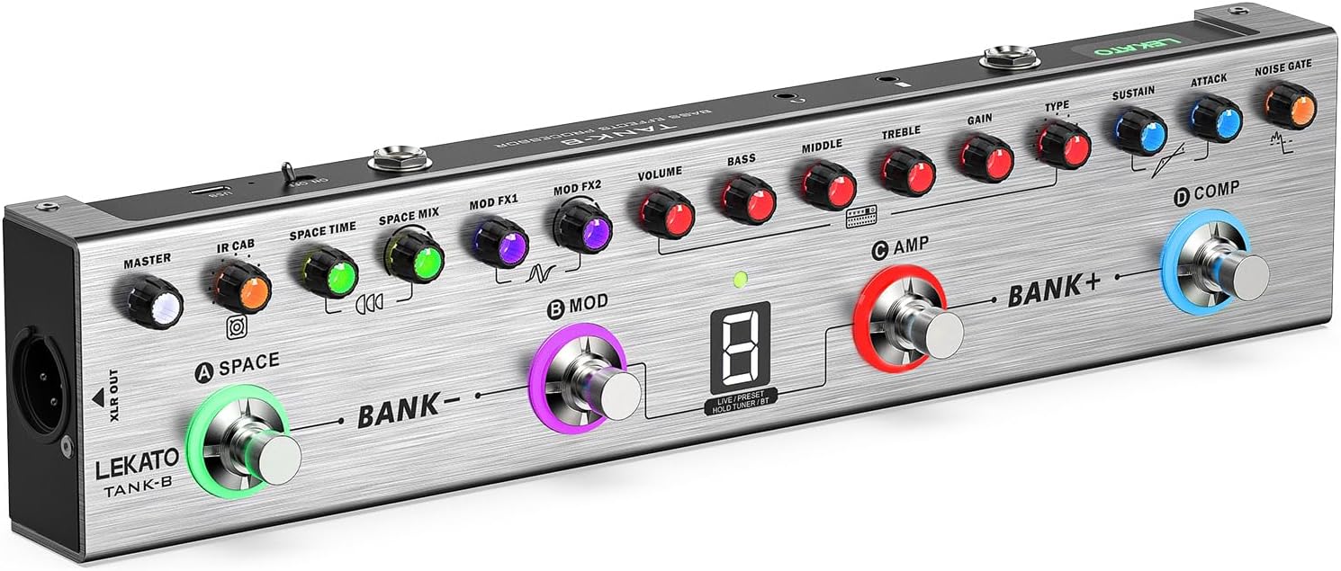 LEKATO bass multi effects pedal front view showing control knobs and display