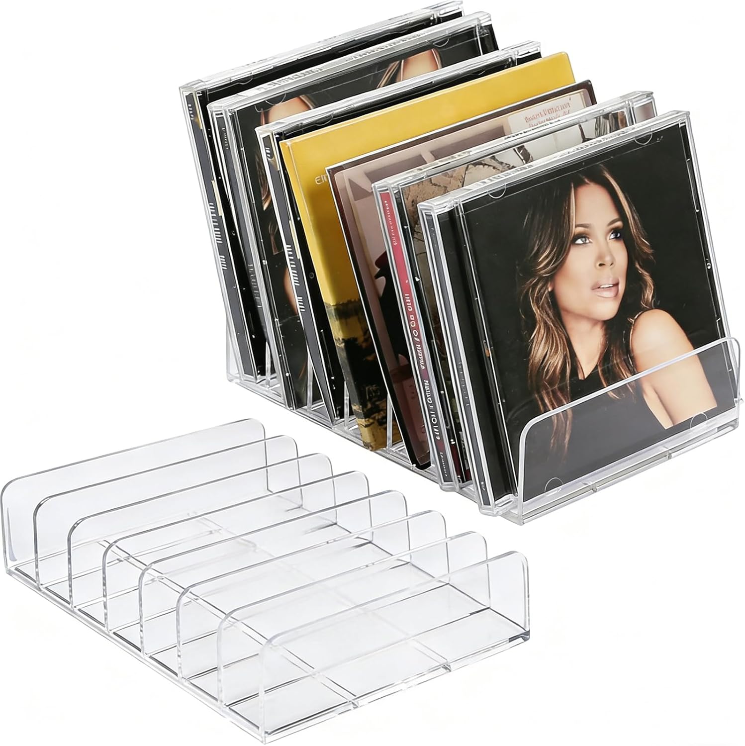 Oillgkori clear acrylic CD holder front view showcasing organized jewel cases on a shelf