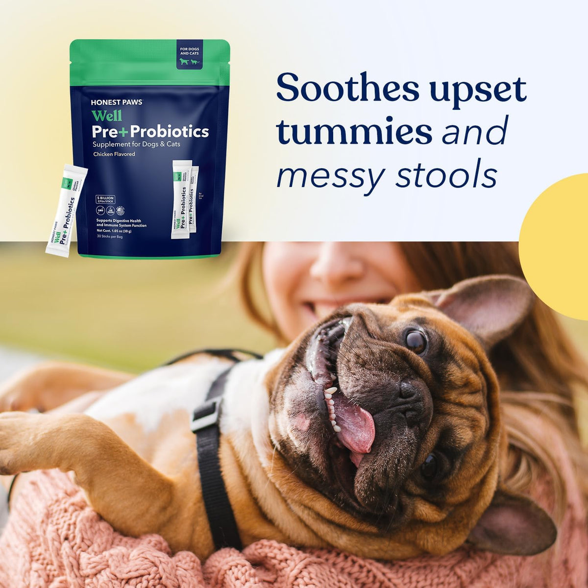 Honest Paws Well Pre and Probiotics packaging detailing 5 billion CFUs.