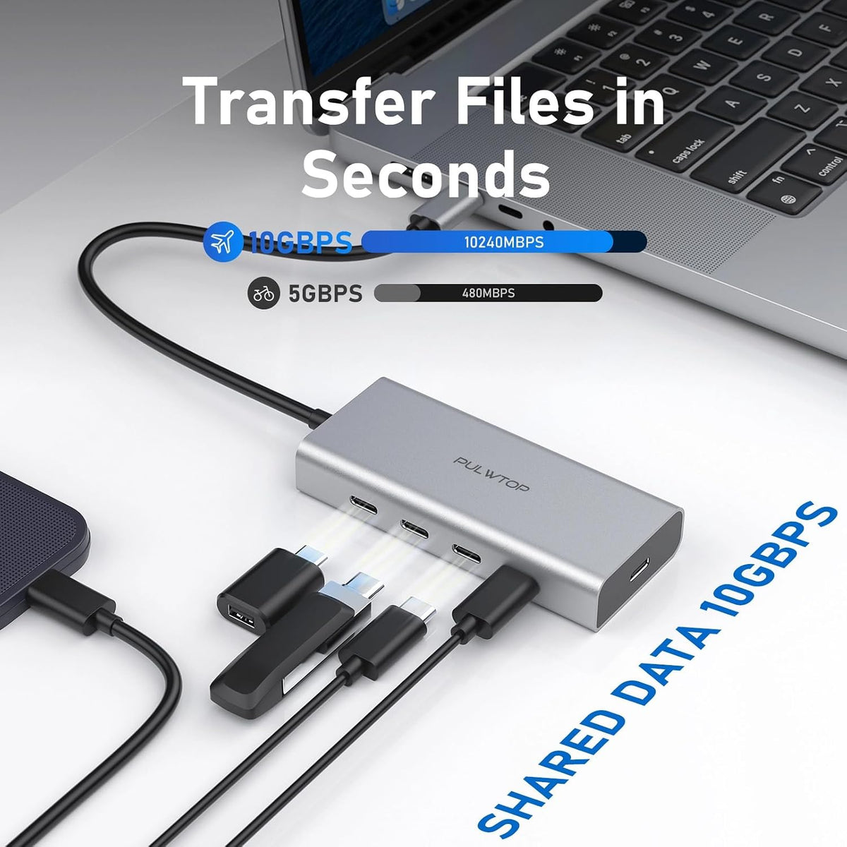 Pulwtop 10Gbps data transfer ports closeup