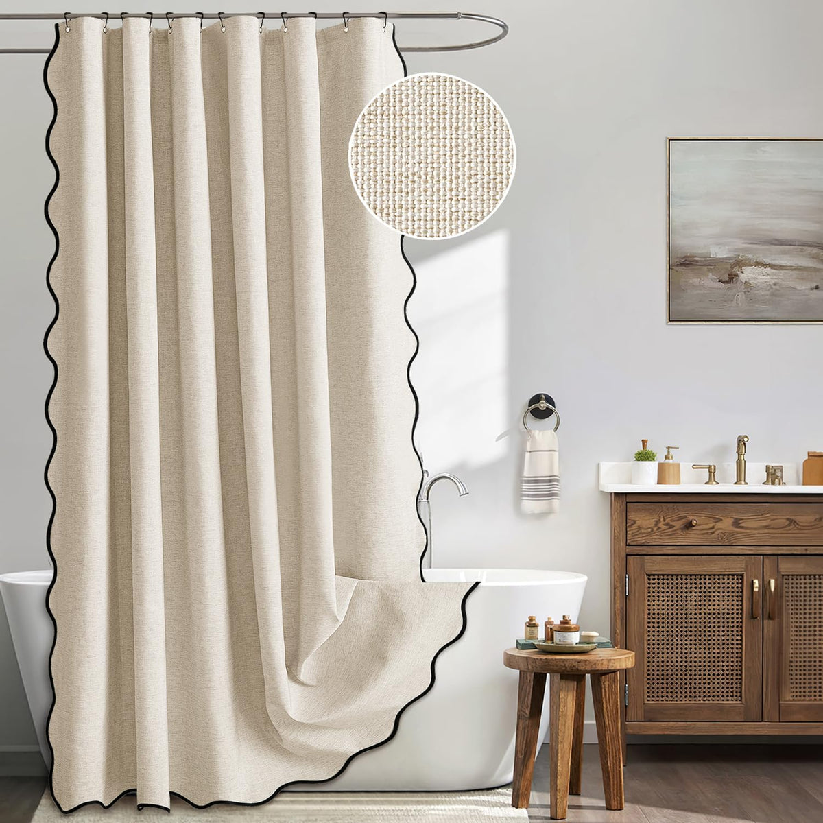 MIULEE beige scalloped shower curtain front view showing linen texture and black border detail