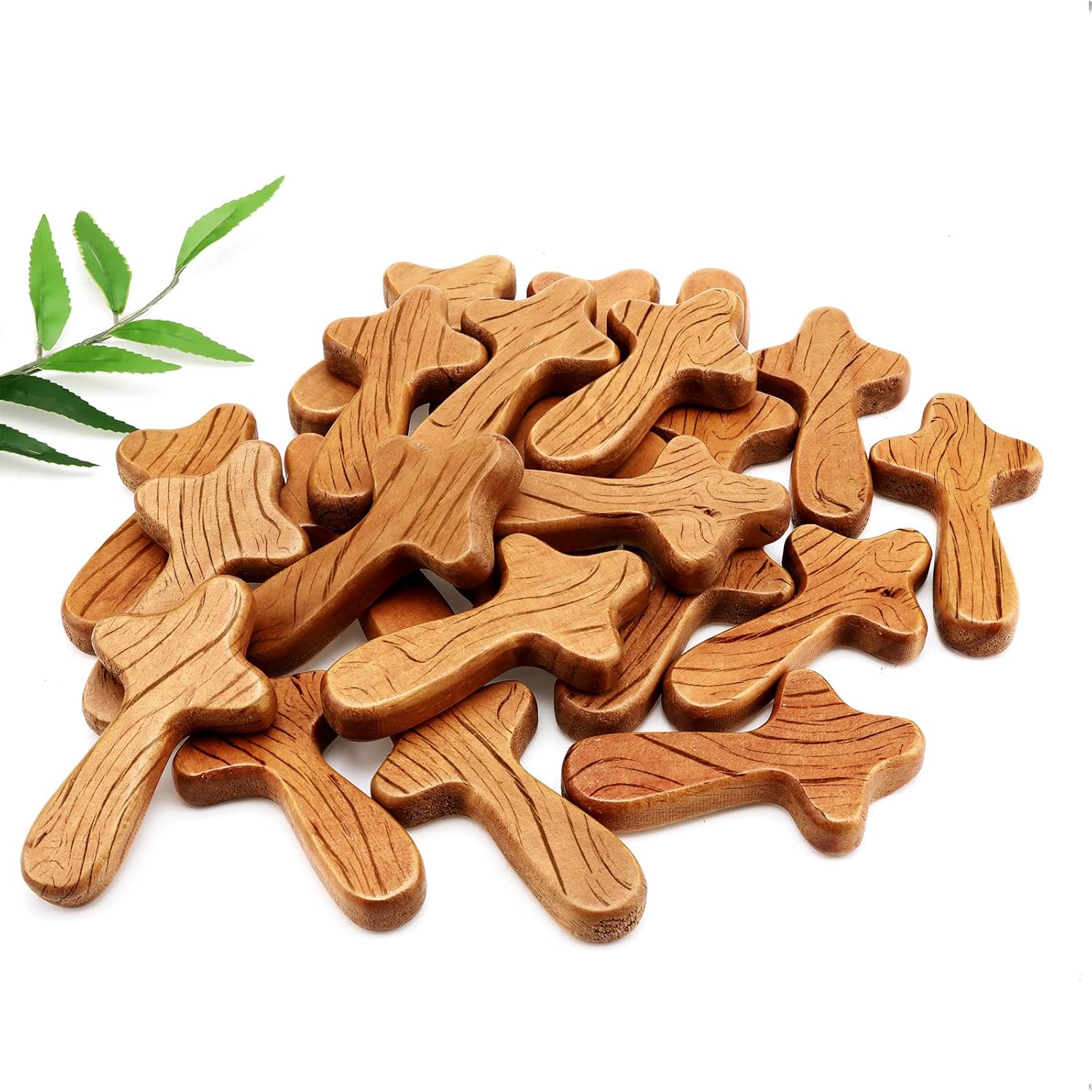 Chunful wood holding crosses set front view showing twenty four light brown pine prayer crosses arranged neatly.