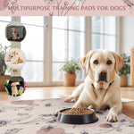 Pink daisy patterned dog mat inside a puppy playpen