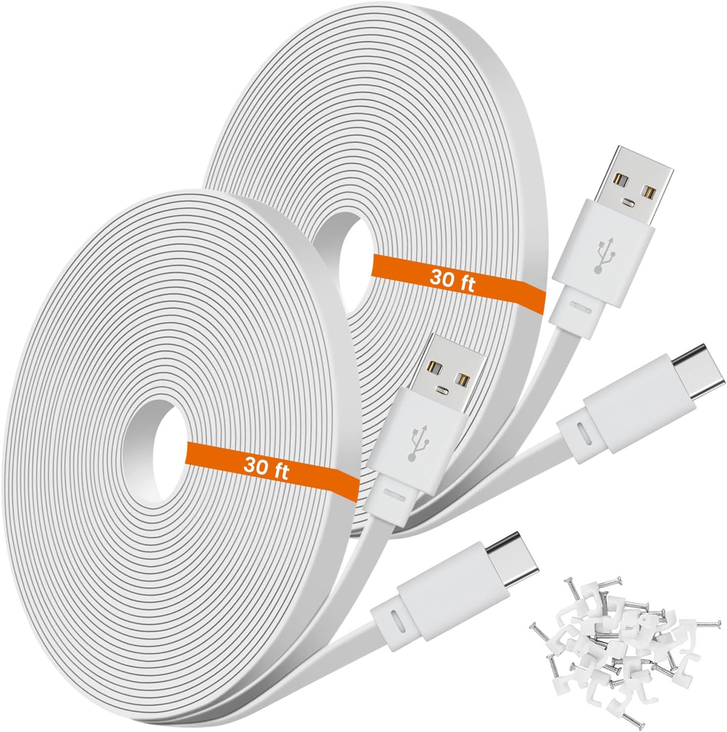 Weishan 30 feet USB C power extension cable 2-pack front view showcasing the white flat cord design.