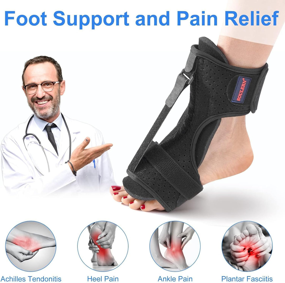 Soulern night splint worn on foot demonstrating dorsiflexion angle
