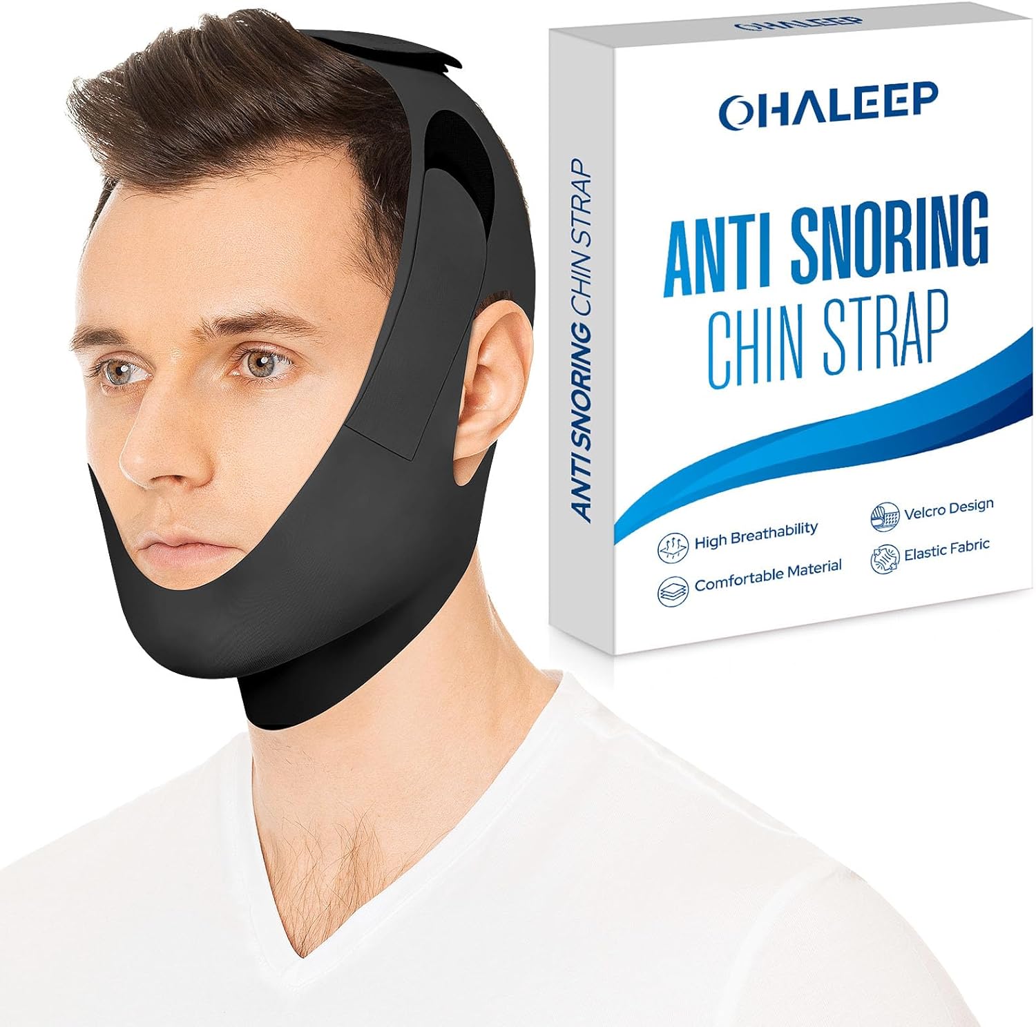 OHELEEP Anti Snore Chin Strap for CPAP Users, Snore Stopper Adjustable, Chin Strap for Sleeping Comfortable Stop Snoring Solution, Anti Snoring Devices Breathable and Reusable, Black, M - Image 1