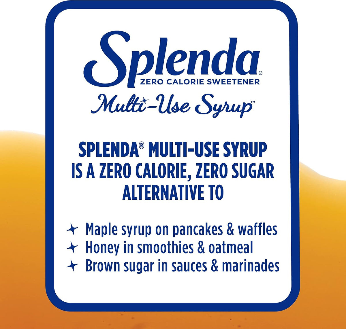 Splenda sugar free syrup poured over breakfast pancakes