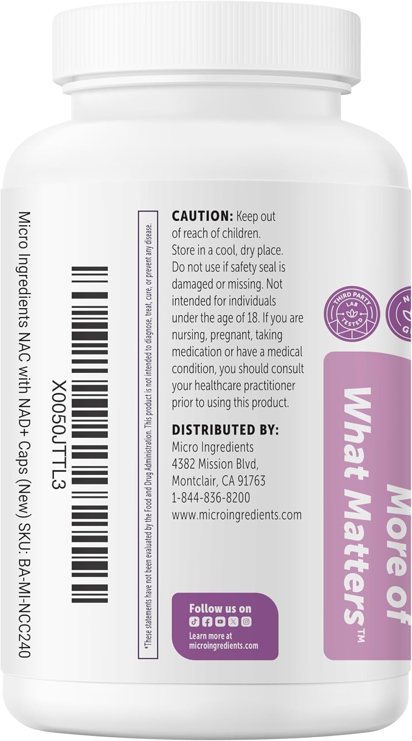 Micro Ingredients NAC with NAD+ 600 mg Per Serving, 240 Vegetarian Capsules | 2-in-1 N-Acetyl-L-Cysteine with Nicotinamide Adenine Dinucleotide | Non-GMO, Gluten Free - Image 9
