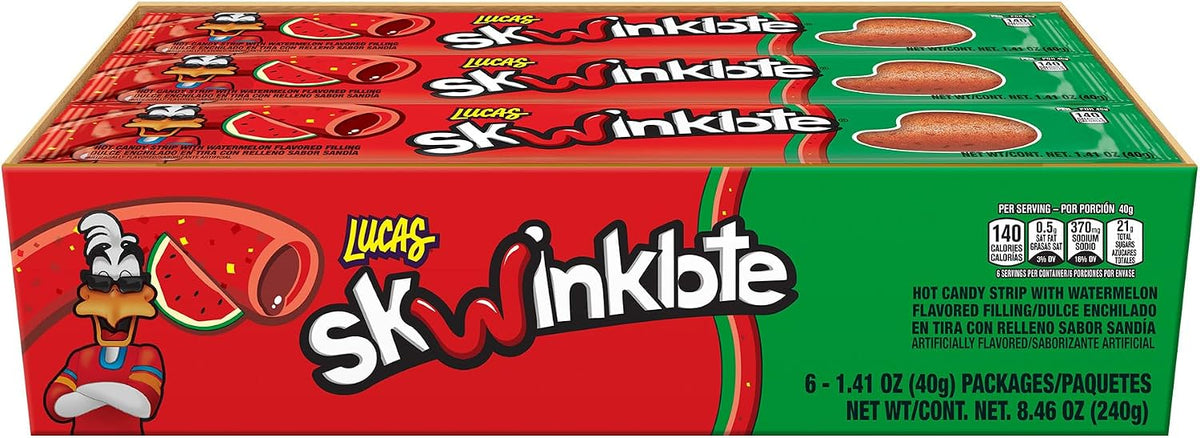 Lucas sweet and sour watermelon candy strip individual pack close up