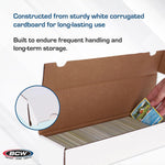 White corrugated cardboard storage boxes stacked