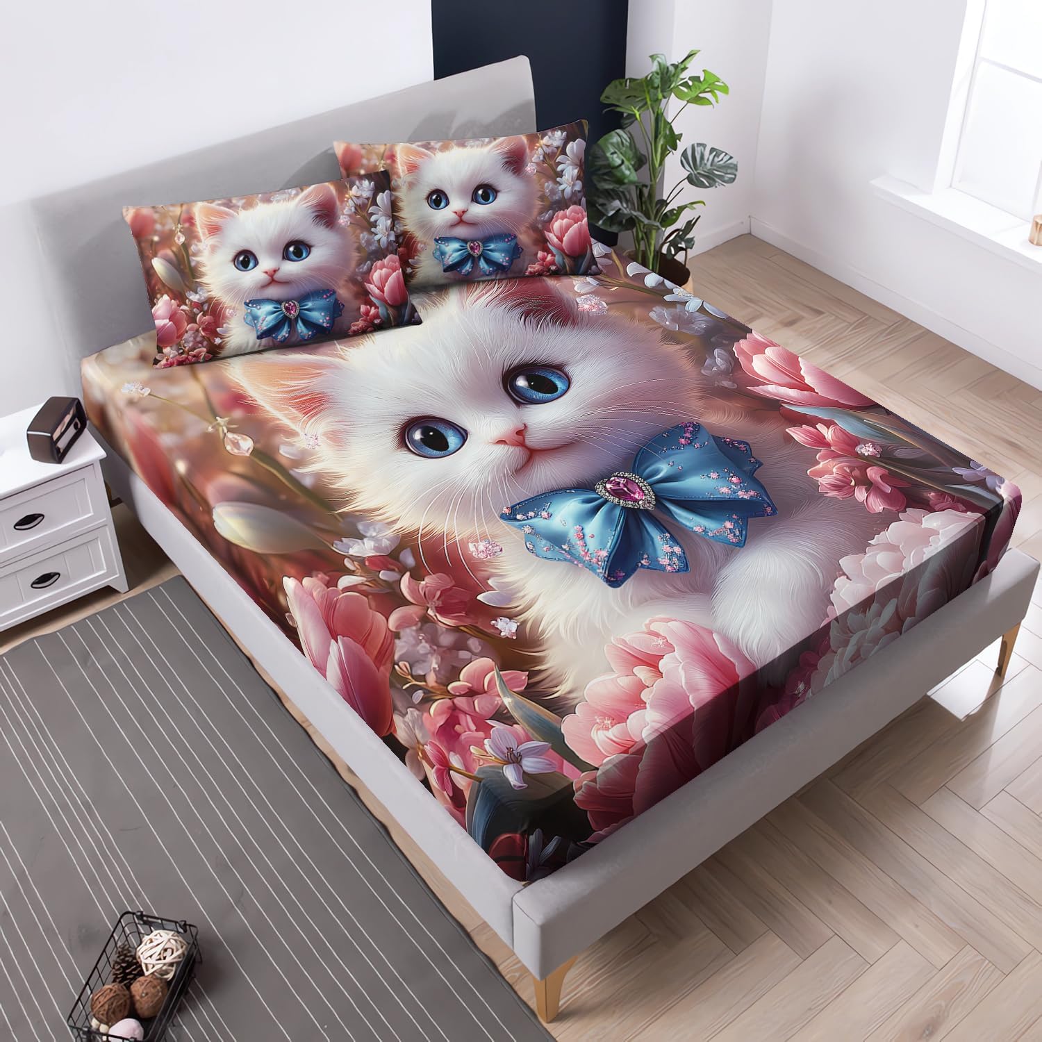 Uevbf cat toddler bedding set front view with pink floral design