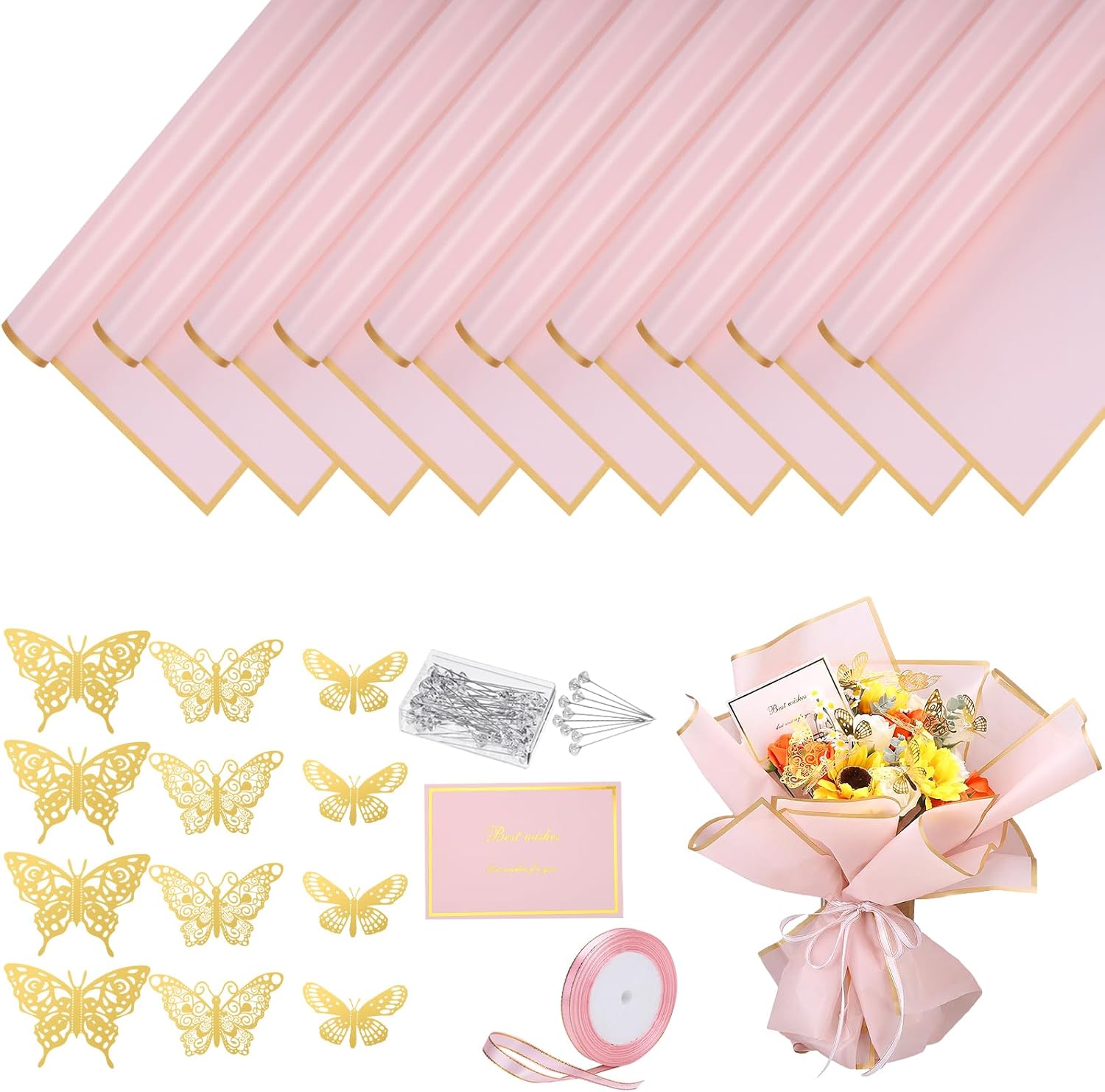 Woric flower bouquet wrapping paper kit front view showing pink waterproof sheets with gold edges