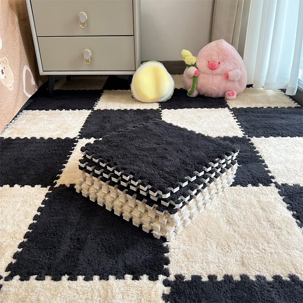 BXEBUI 12 piece plush interlocking carpet puzzle floor mats beige and black