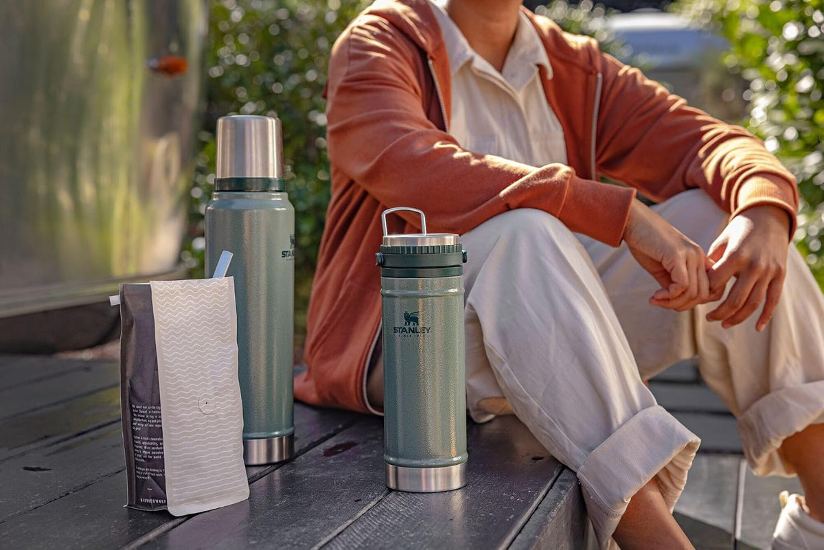 Authentic Stanley premium imported double wall vacuum insulated thermos bottle for hot and cold drinks.