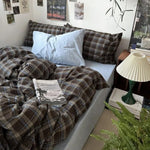 Erwinmu plaid duvet cover set queen size front view on bed showing brown and blue gingham check pattern with matching pillow shams