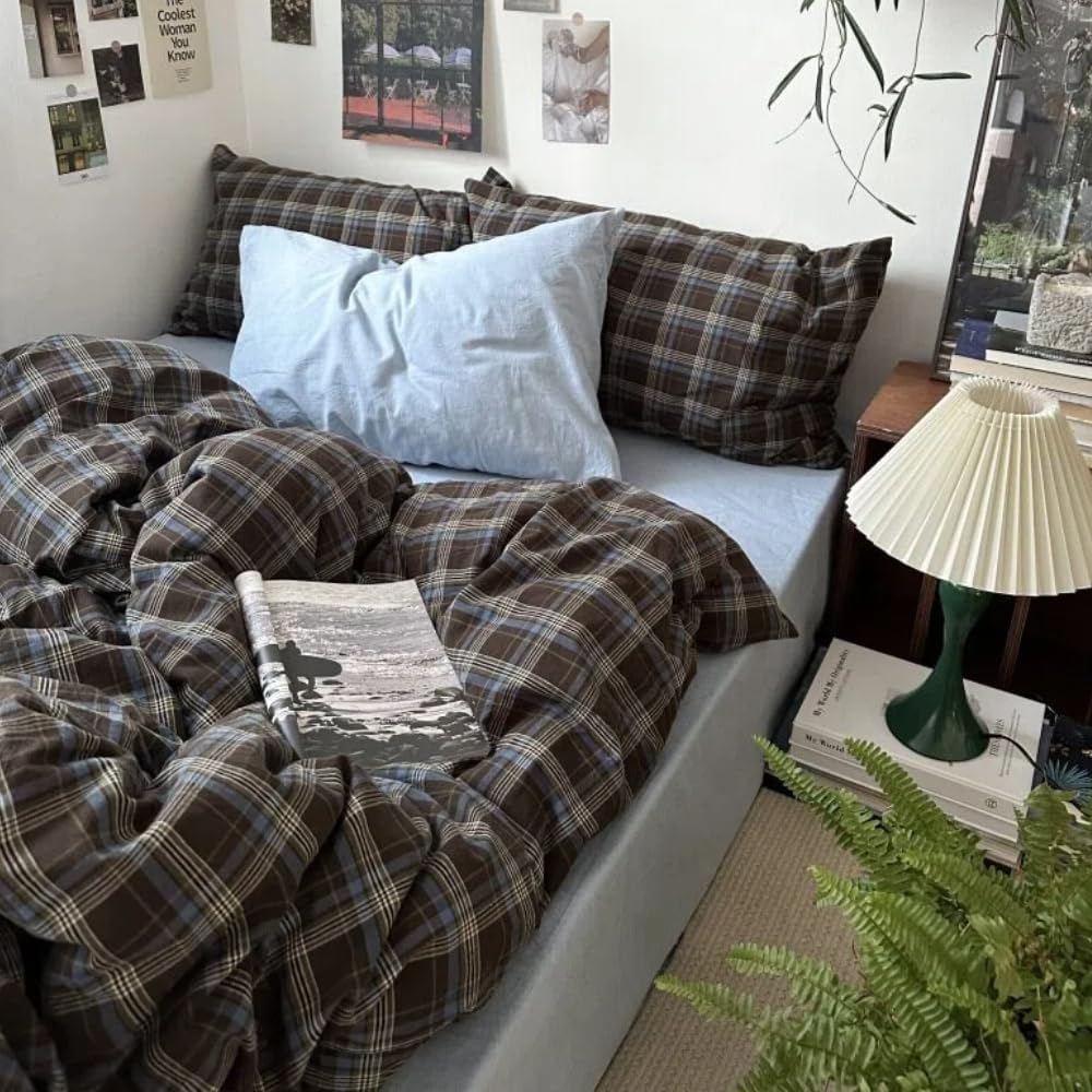 Erwinmu plaid duvet cover set queen size front view on bed showing brown and blue gingham check pattern with matching pillow shams