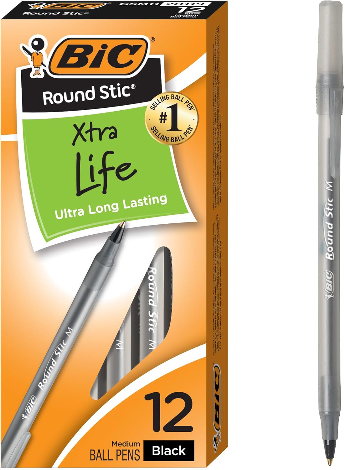 BIC Round Stic Xtra Life Ball Pen - Pack of 12, Black - Image 1