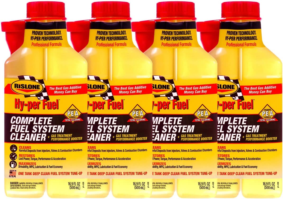 Rislone Hy-per Fuel Complete Fuel System Cleaner pack of four front view showing dual cavity bottles