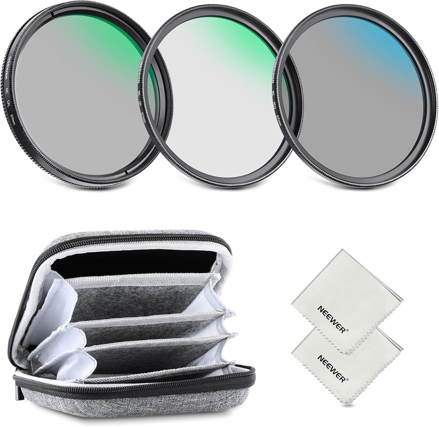Neewer 67mm UV CPL ND4 lens filter kit front view