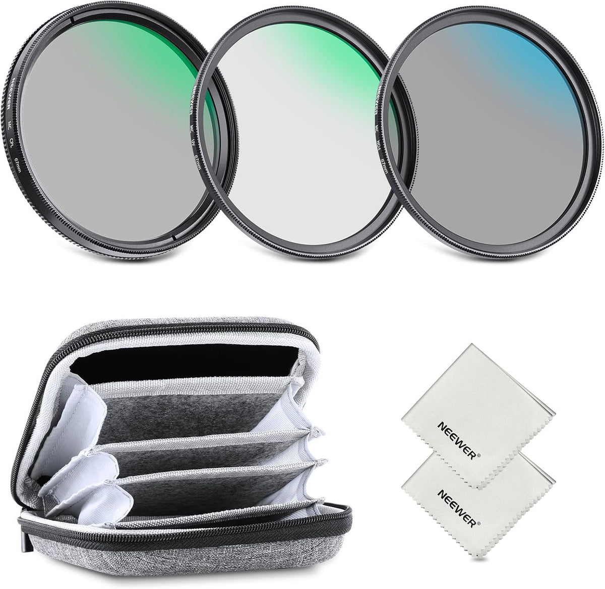 Neewer 67mm UV CPL ND4 lens filter kit front view