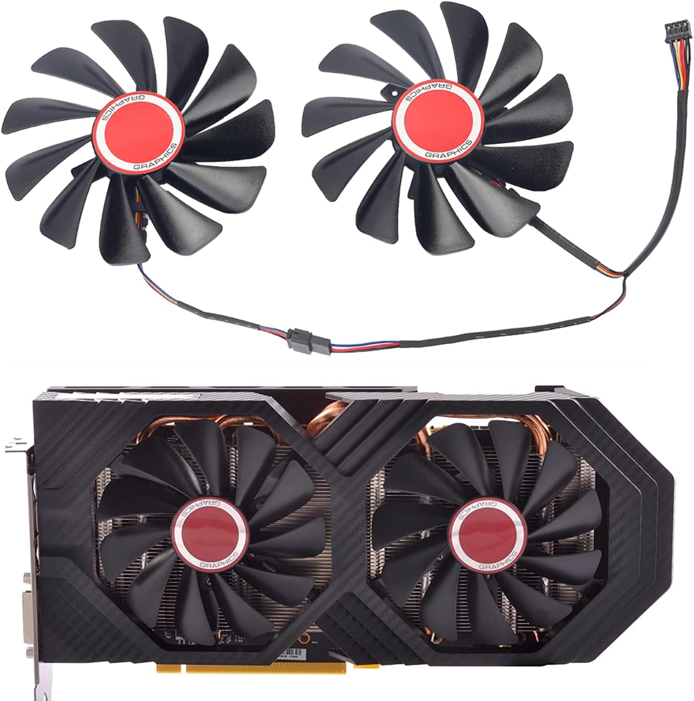 Coolerage replacement graphics card cooling fans front view showcasing dual black blades and 4 pin connector cable.
