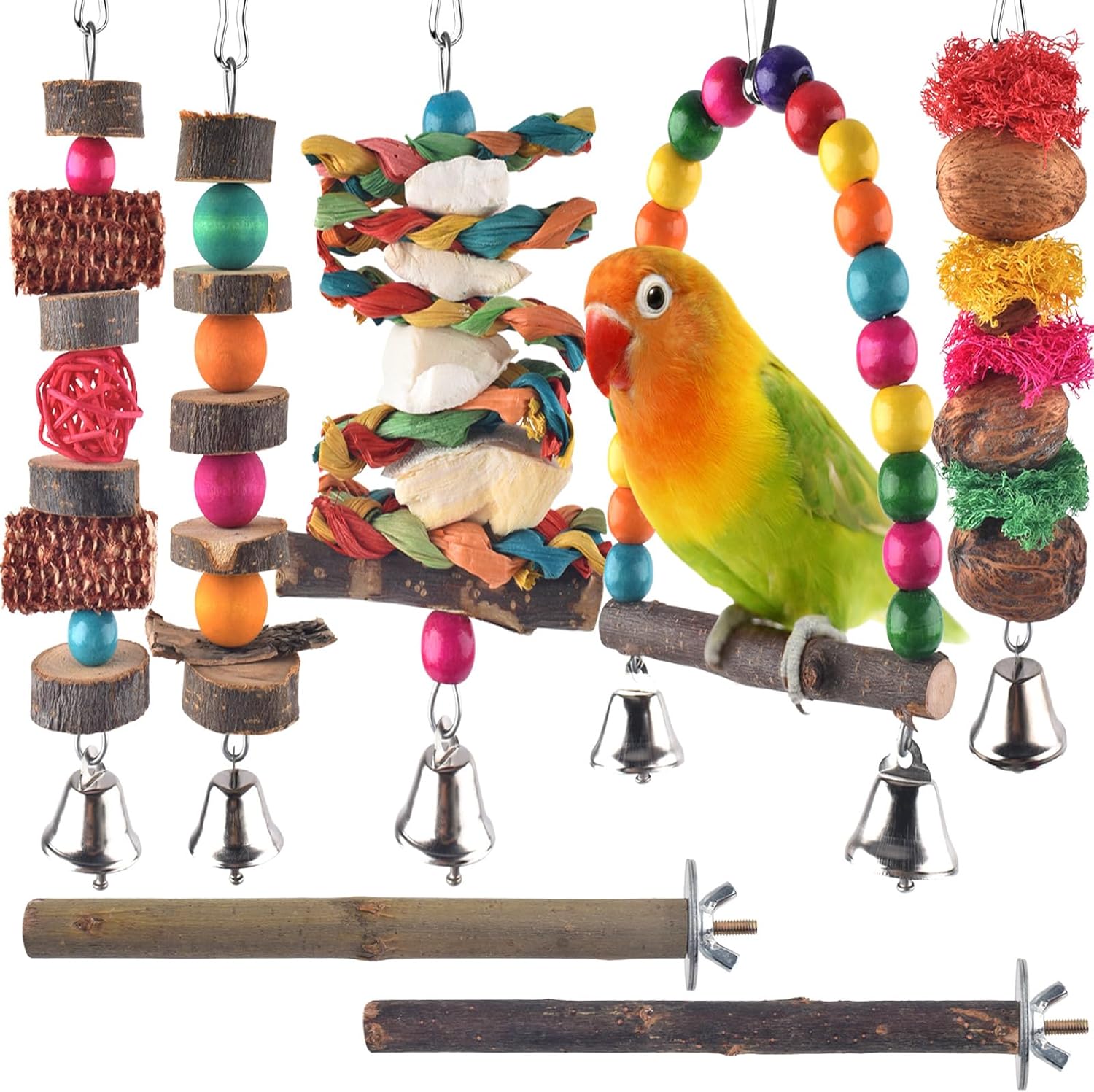 Bissap Bird Chew Toys seven packs front view natural wood parakeet cage accessories