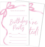 JUPXB SIXEIGHT pink bow birthday party invitations front view showing watercolor ribbon design