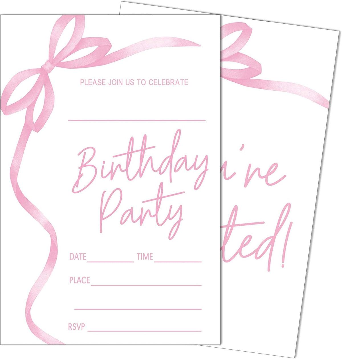 JUPXB SIXEIGHT pink bow birthday party invitations front view showing watercolor ribbon design