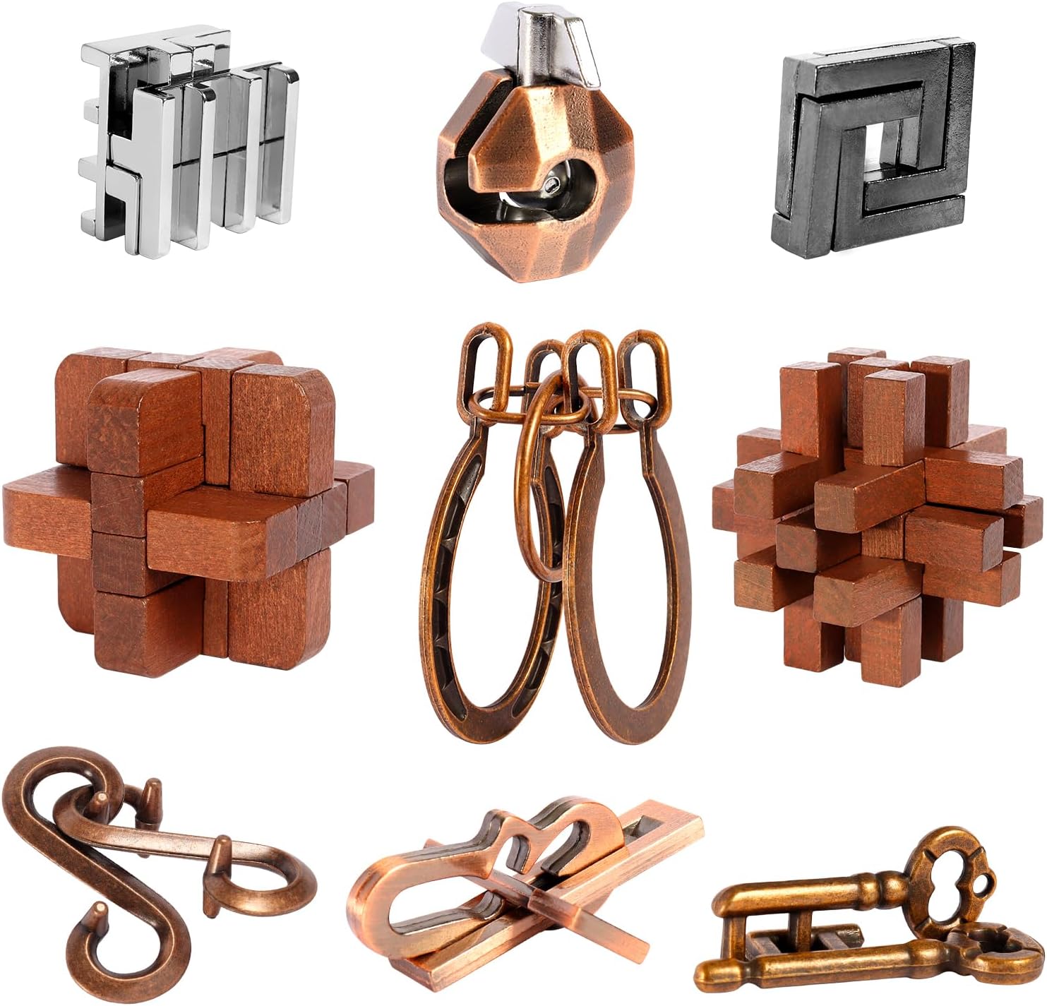 ActPo 9 piece brain teaser puzzle set front view showcasing wooden burr and metal wire challenges.