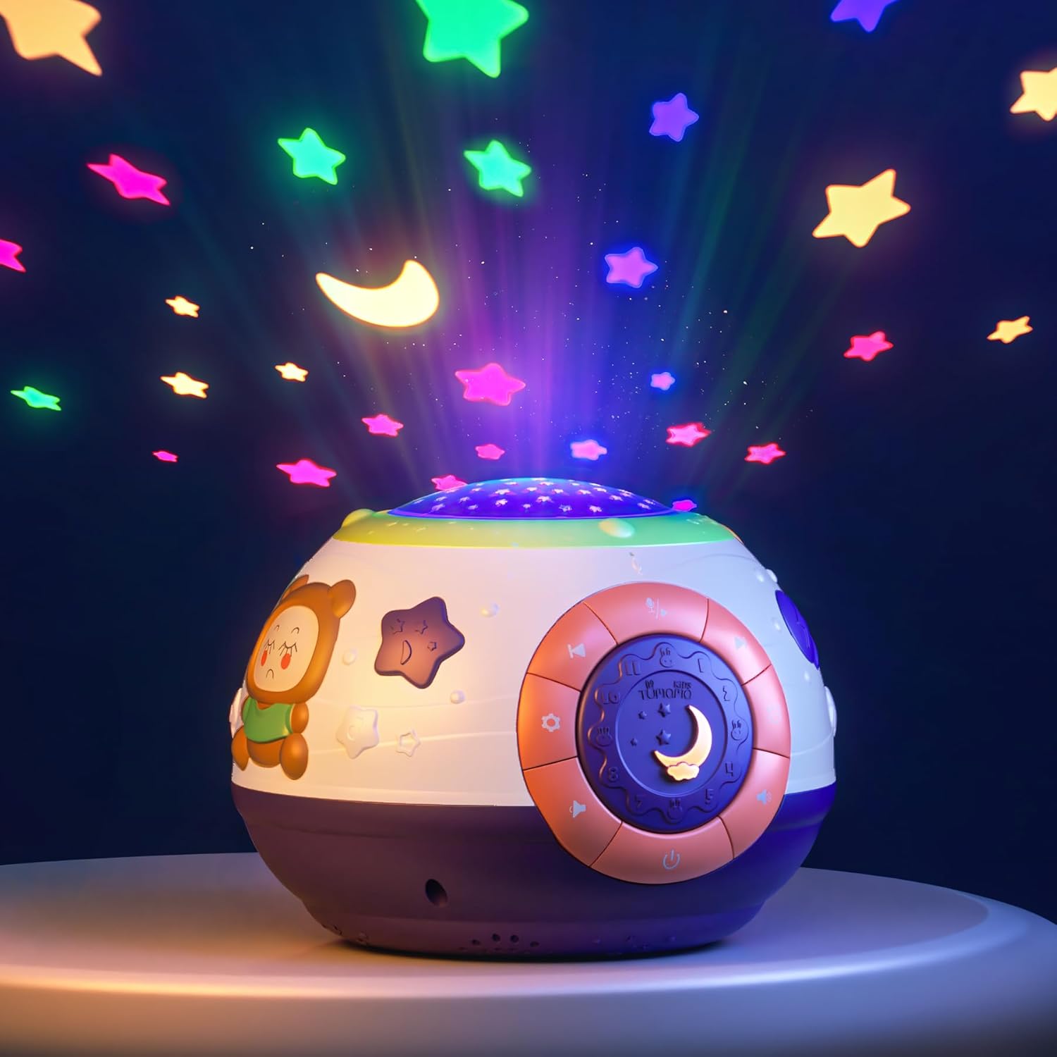 Tumama baby toy night light star projector front view showing the white interactive nursery sound machine.