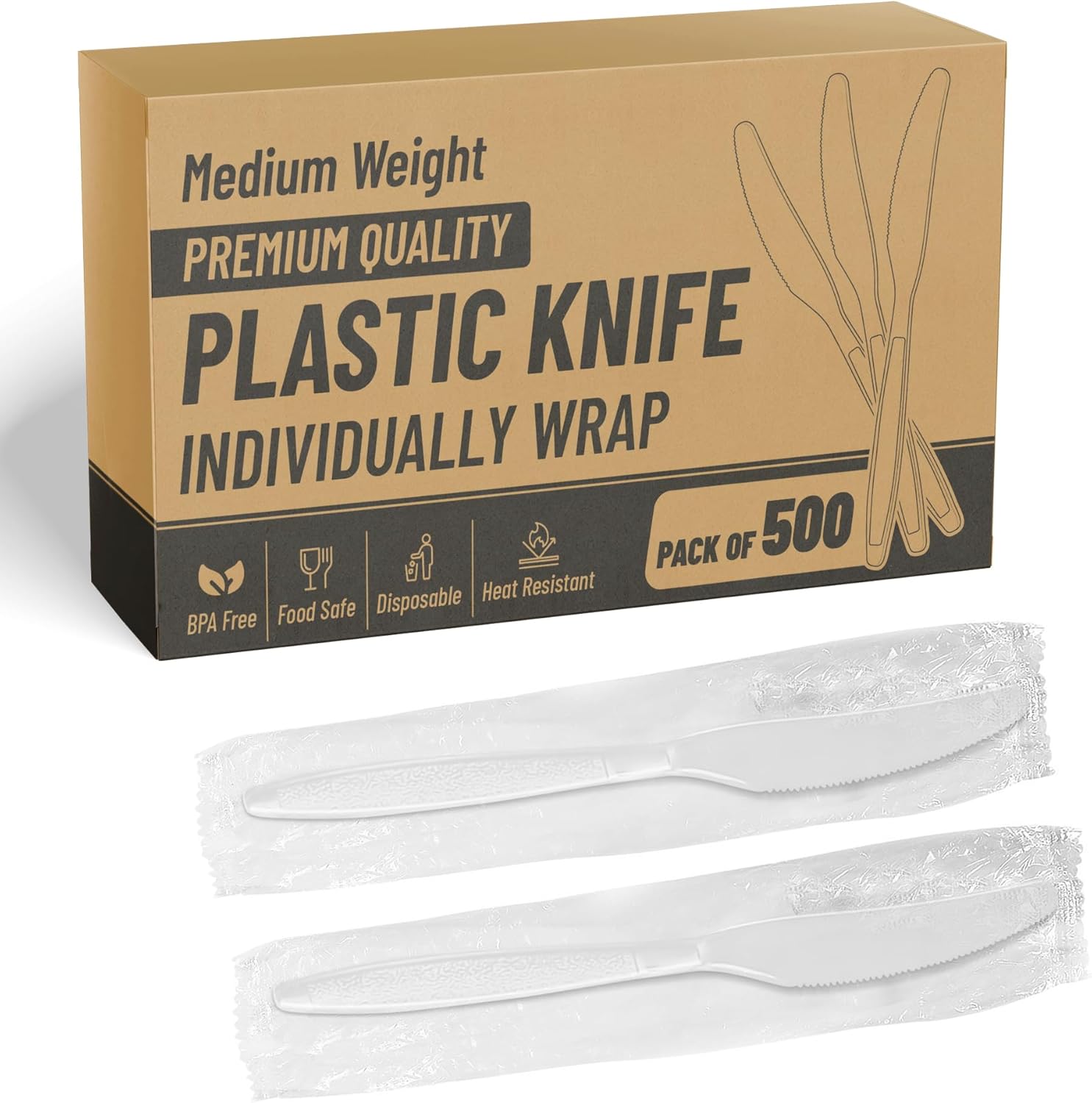 SafeWare Individually Wrapped White Plastic Knives front view in bulk packaging.